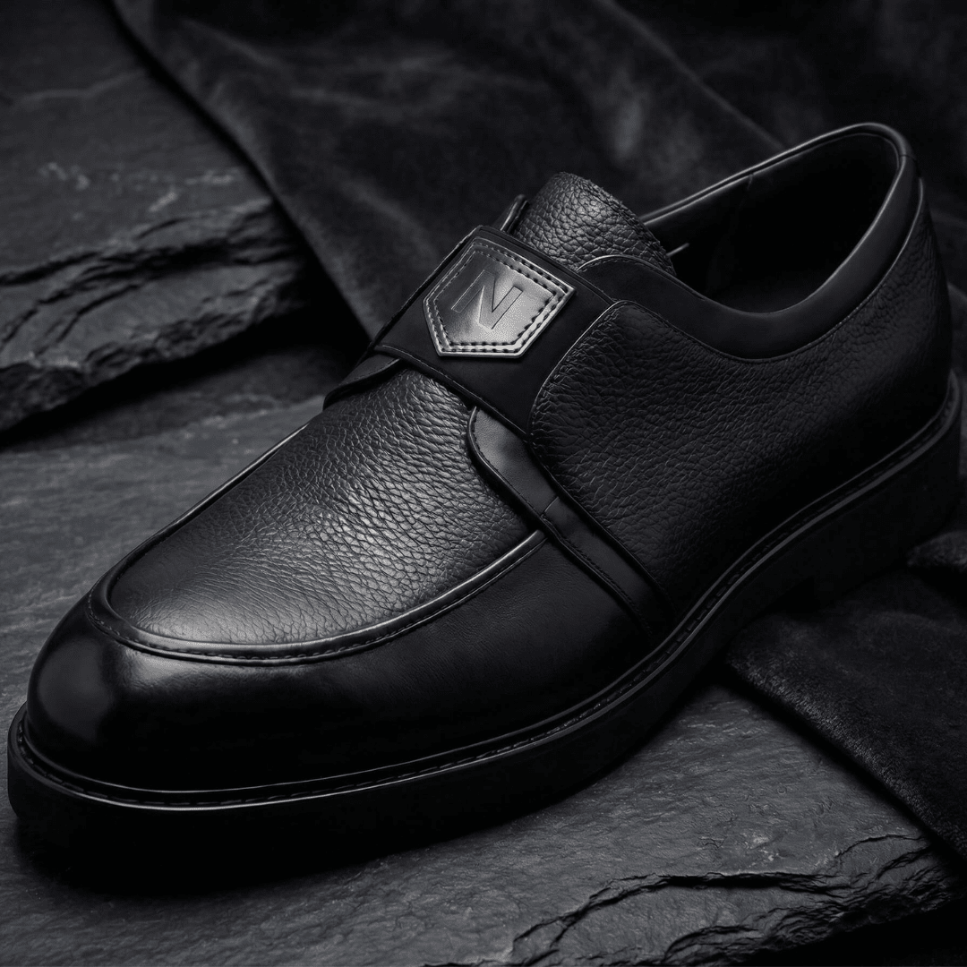Mocassin Nevisse Signature – Élégance en cuir noir avec emblème métallique - NEVISSE