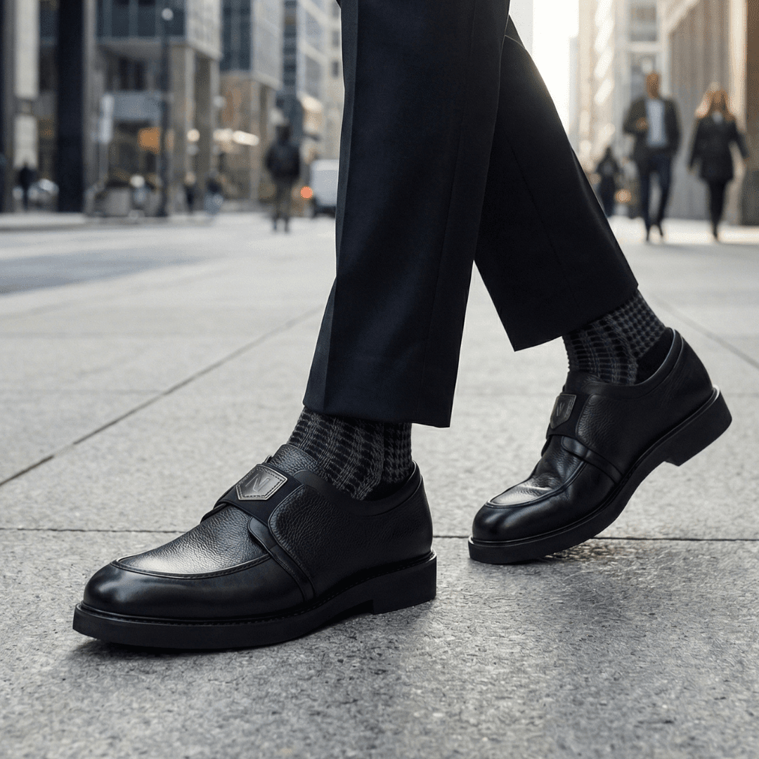Mocassin Nevisse Signature – Élégance en cuir noir avec emblème métallique - NEVISSE