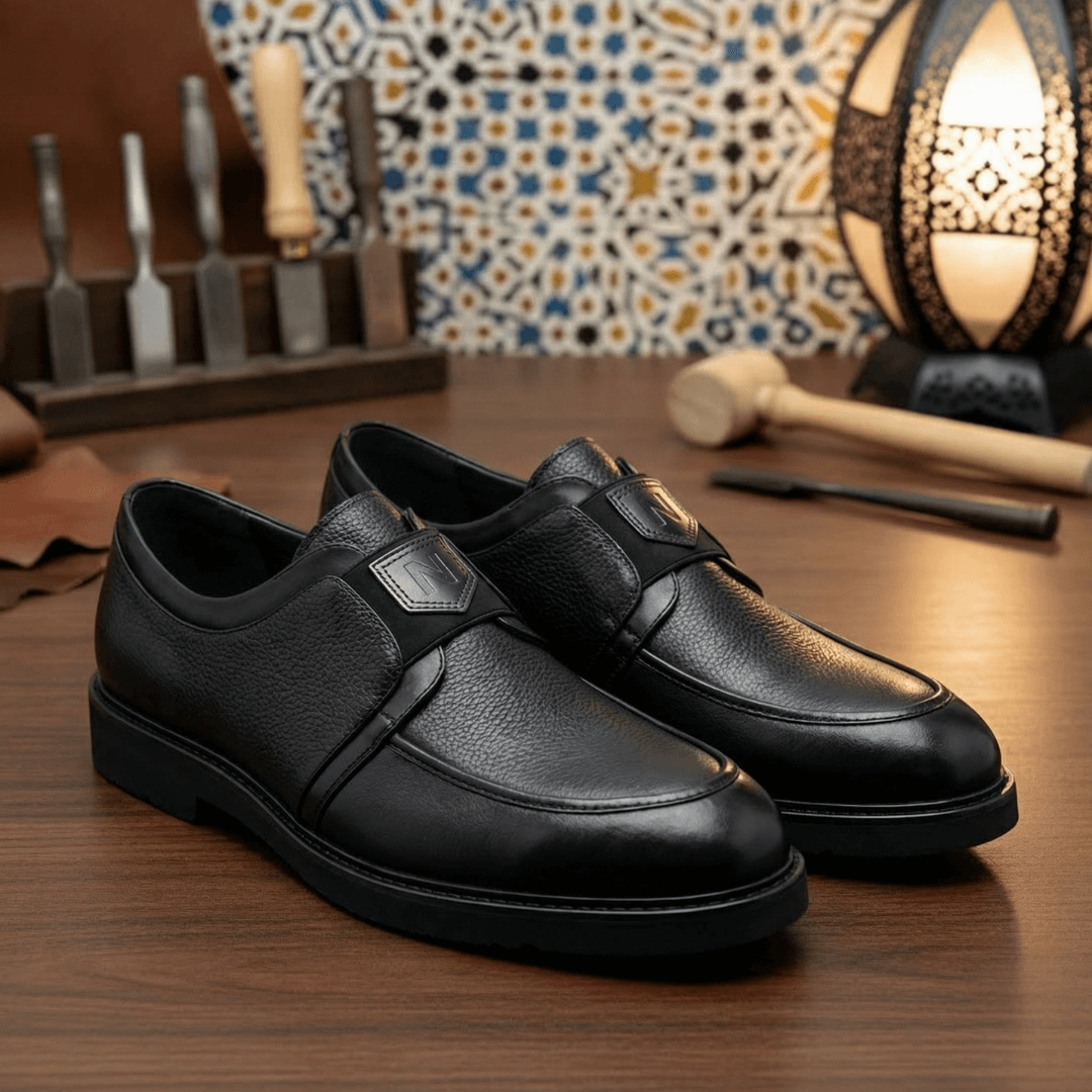 Mocassin Nevisse Signature – Élégance en cuir noir avec emblème métallique - NEVISSE