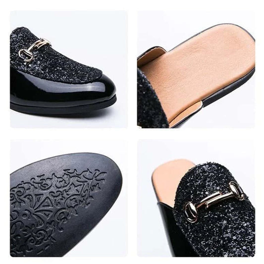 Mules Noires à Paillettes avec Détail Doré Élégant